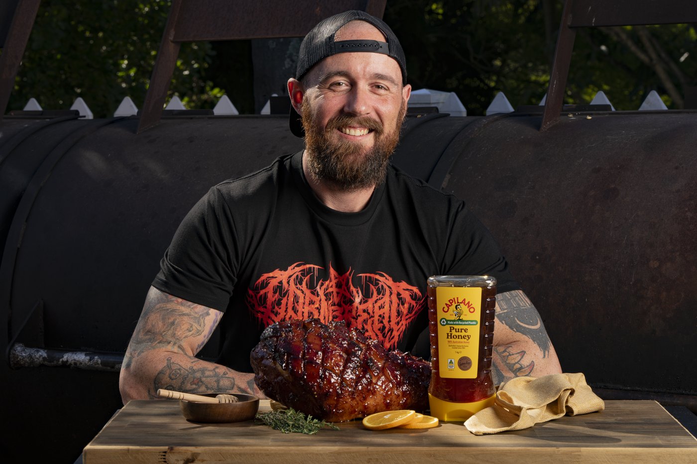 Sam Herbert at his offset smoker